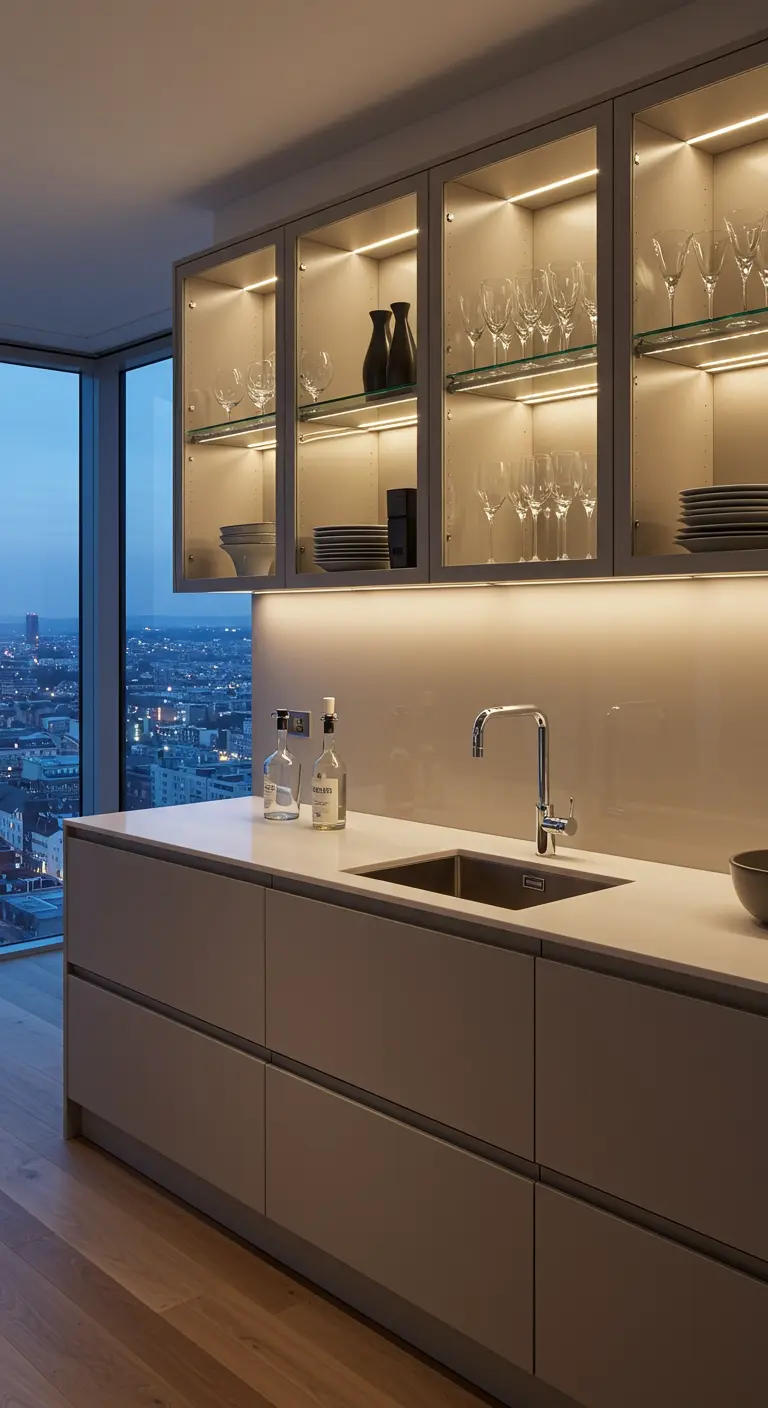 Cocina moderna con vitrinas superiores iluminadas con LED, mostrando copas y platos frente a una ventana con vistas urbanas.