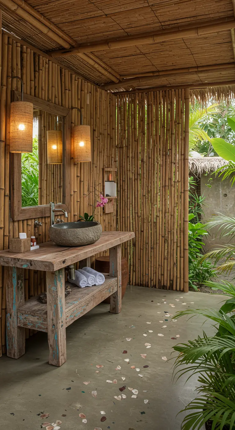 Baño exterior de estilo balinés con paredes de bambú y mueble de madera rústica.