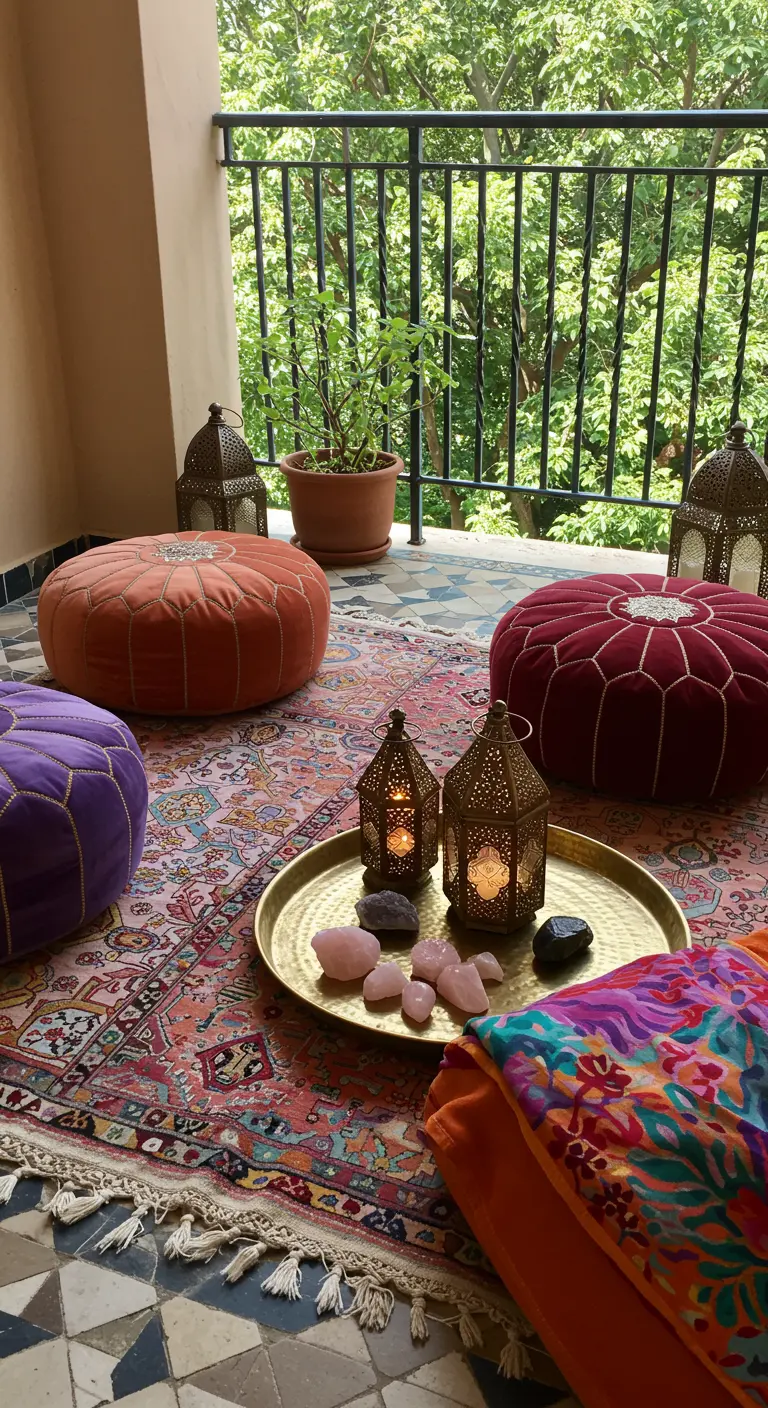 Balcón de estilo marroquí con pufs de colores, alfombra étnica y farolillos.