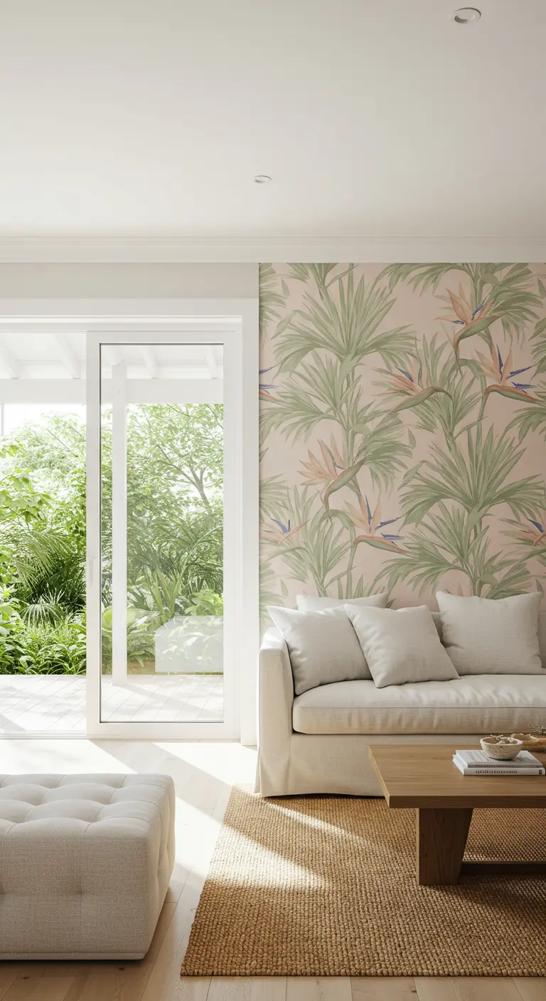 Sala con papel tapiz de hojas de palmera sobre fondo rosa y un sofá blanco.