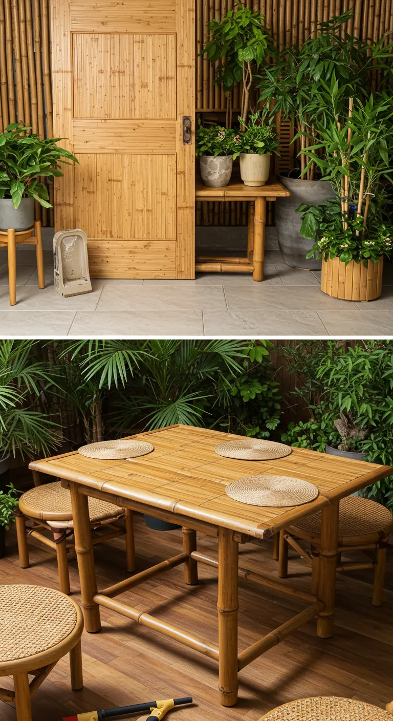 Mesa de comedor de bambú con sillas a juego en un patio rodeado de plantas.