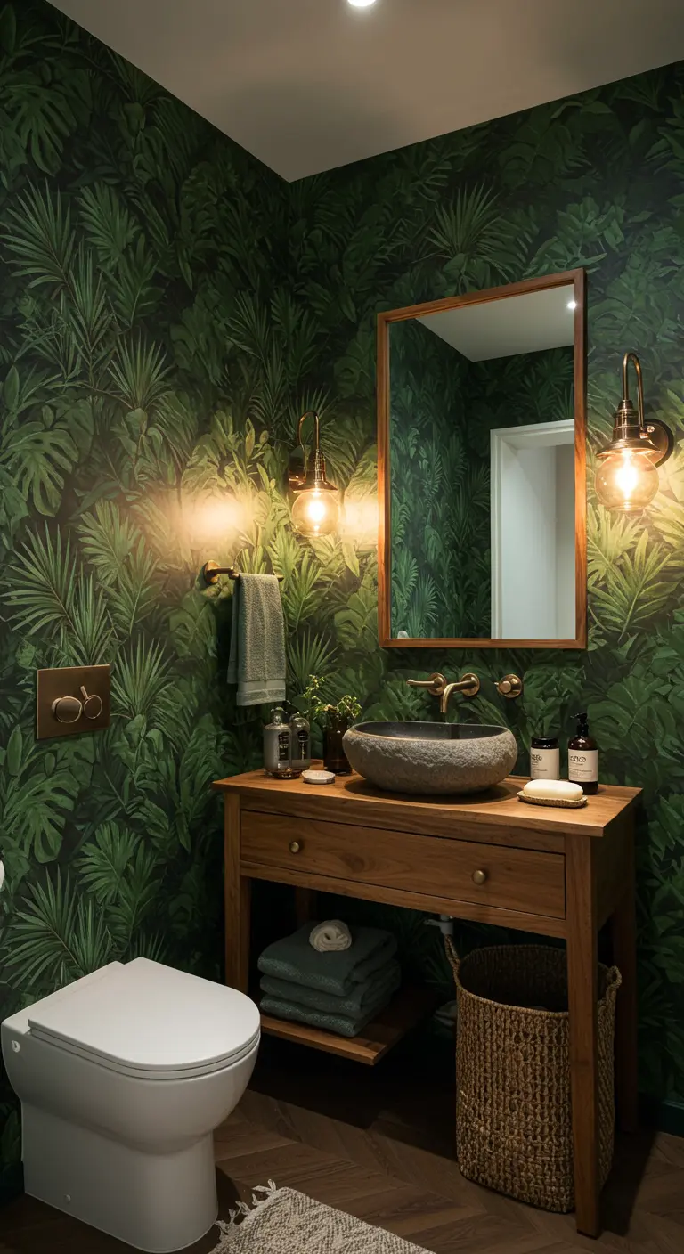 Baño pequeño con papel pintado de hojas tropicales y mueble de madera rústico