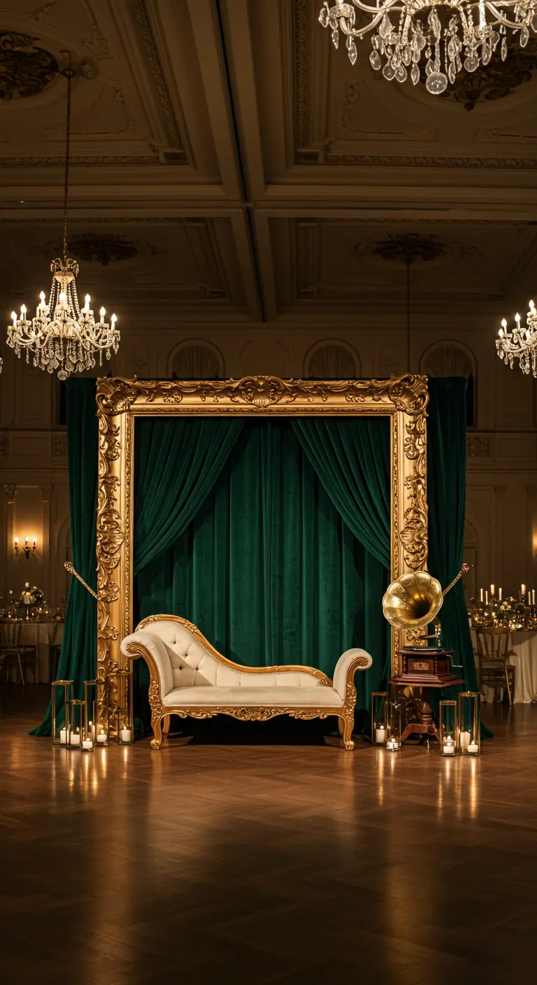 Un gran marco dorado ornamentado frente a una cortina de terciopelo verde, con un diván blanco.