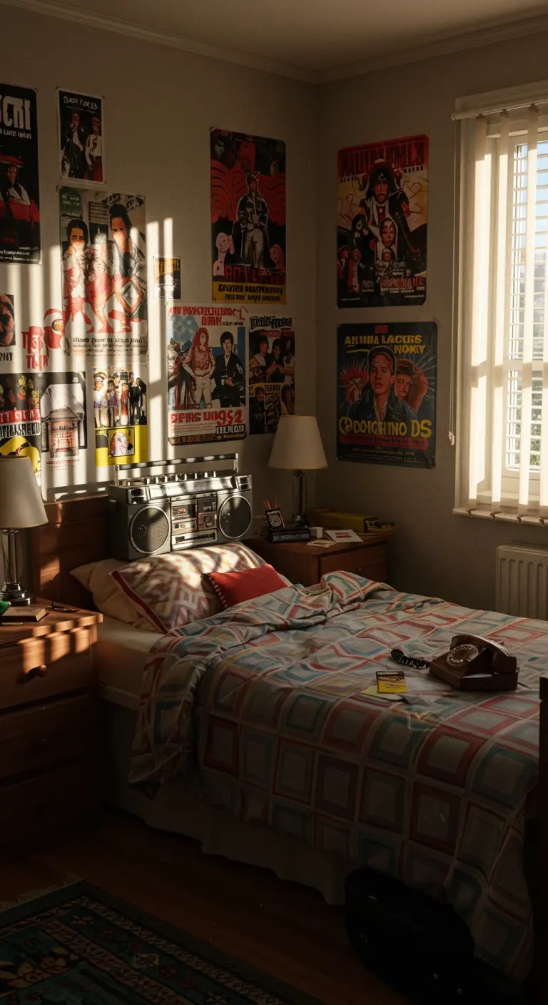 Habitación de adolescente de los 80 con pósteres de películas, un radiocasete y una cama desordenada.