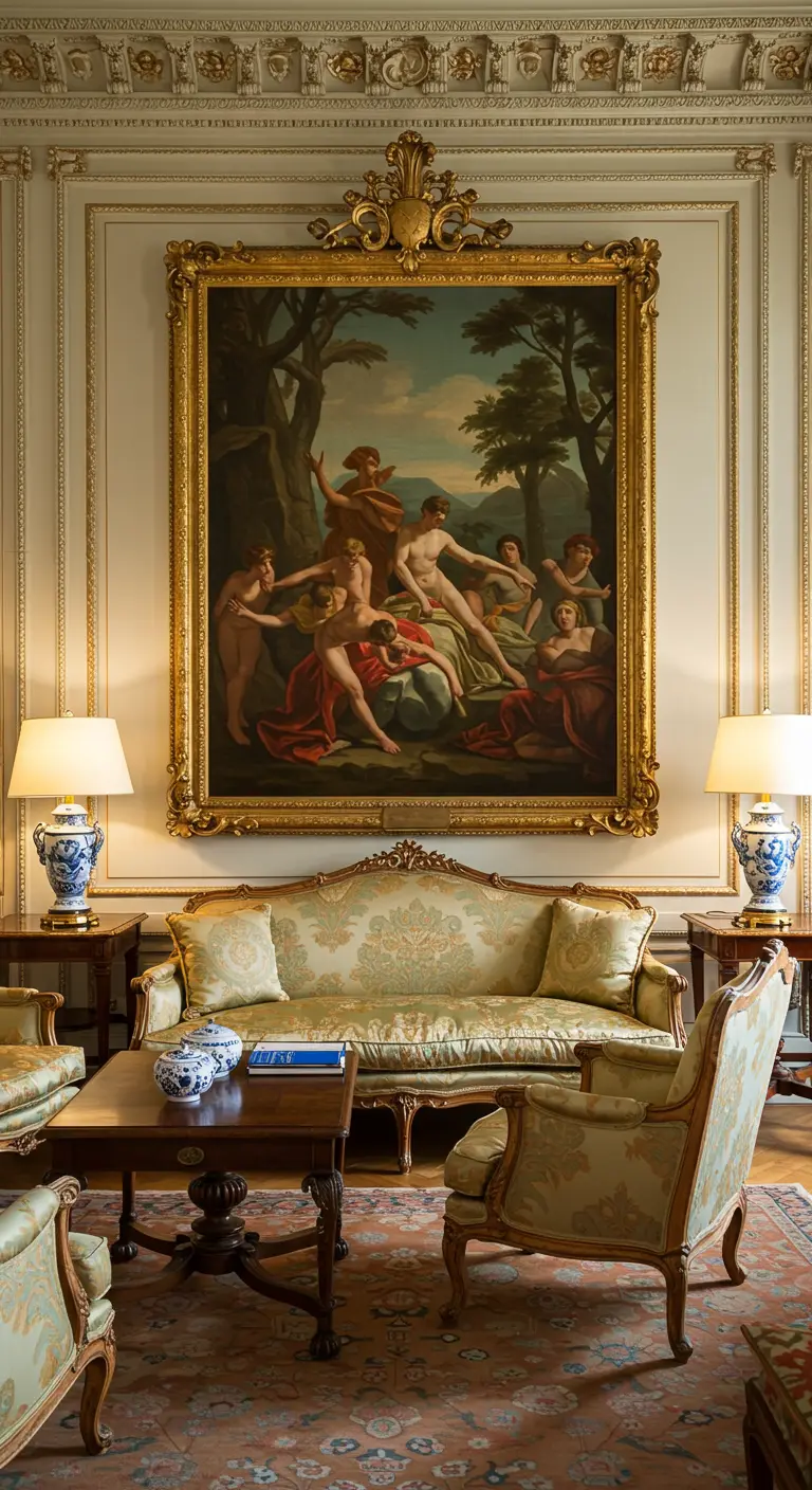 Salón de estilo rococó con una gran pintura clásica en un marco dorado ornamentado y mobiliario de época.