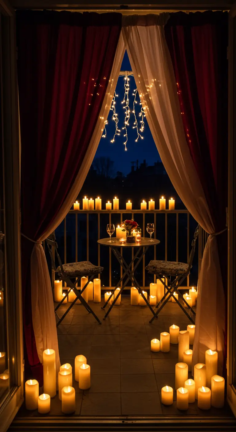 Balcón romántico de noche con cortinas rojas, mesa para dos y muchas velas.