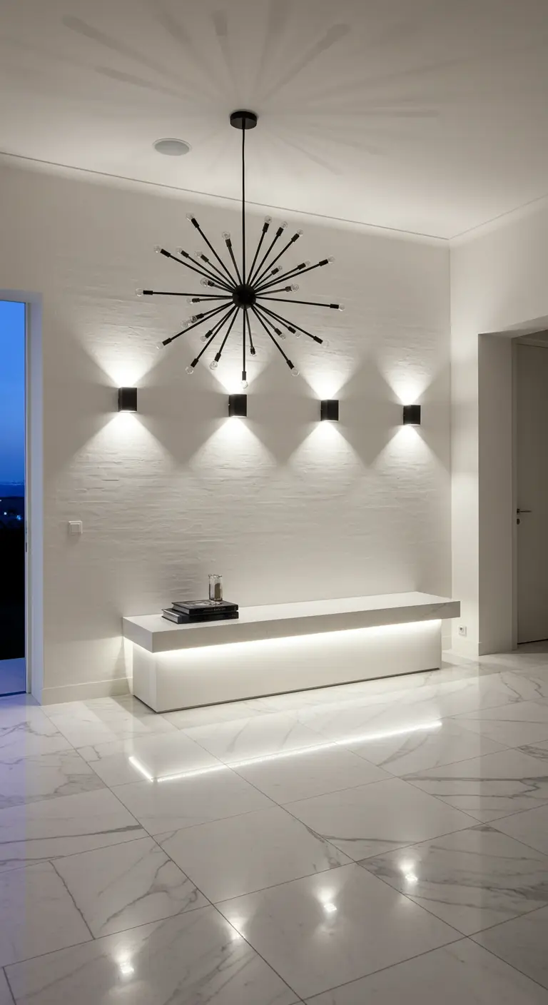 Recibidor blanco con suelo de mármol, banco flotante iluminado y una lámpara Sputnik negra.