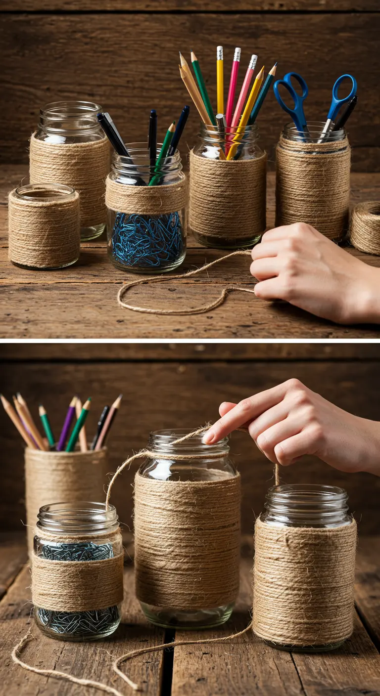 Varios frascos de vidrio envueltos en yute para organizar lápices y clips.