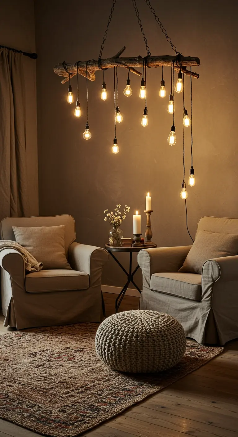 Lámpara colgante DIY hecha con una rama de árbol y múltiples bombillas Edison