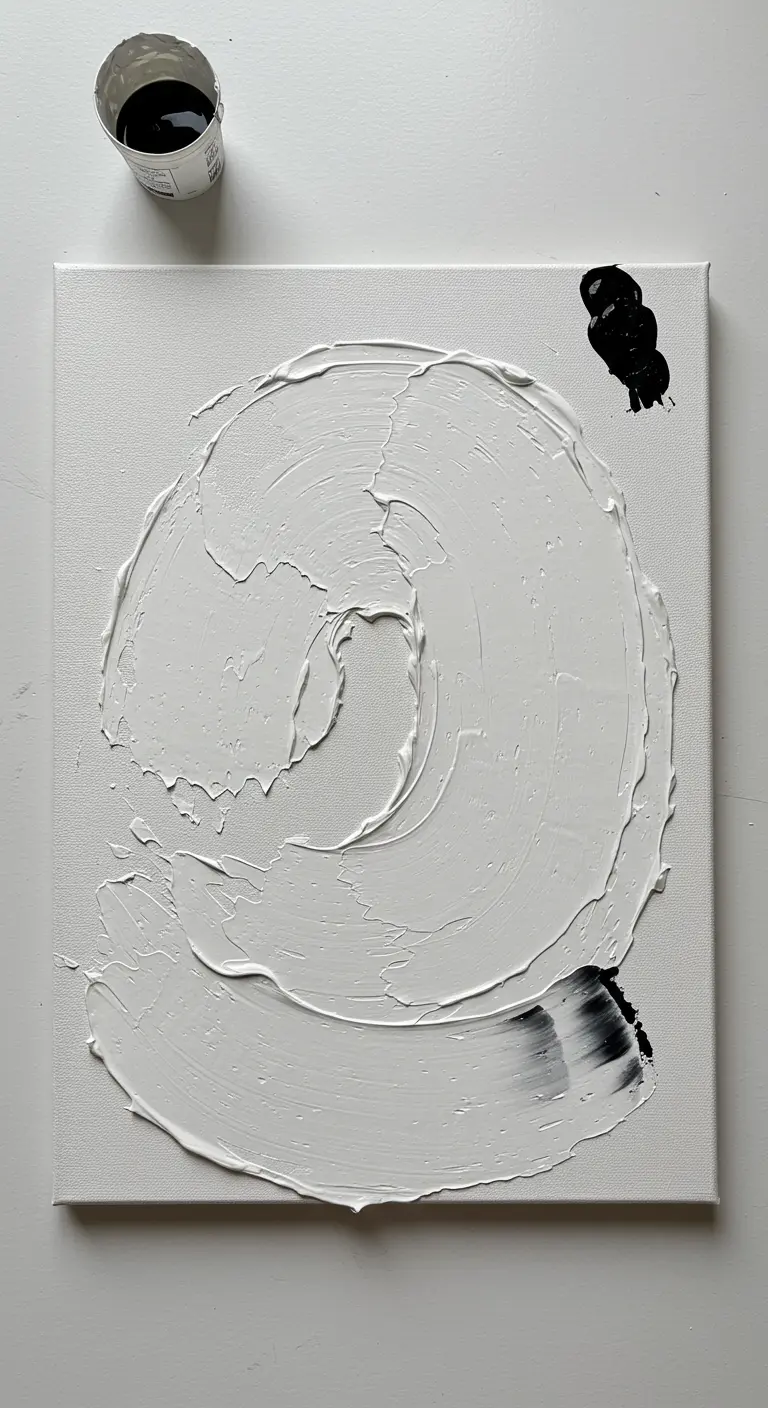 Lienzo blanco con textura de pasta de relieve en forma de espiral y toques de pintura negra