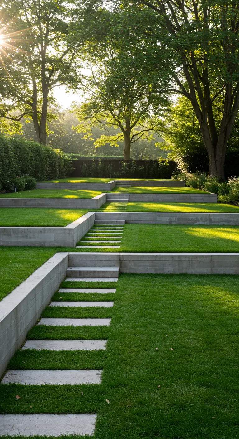 Jardín en pendiente con varios niveles de césped definidos por muros y escaleras de hormigón.