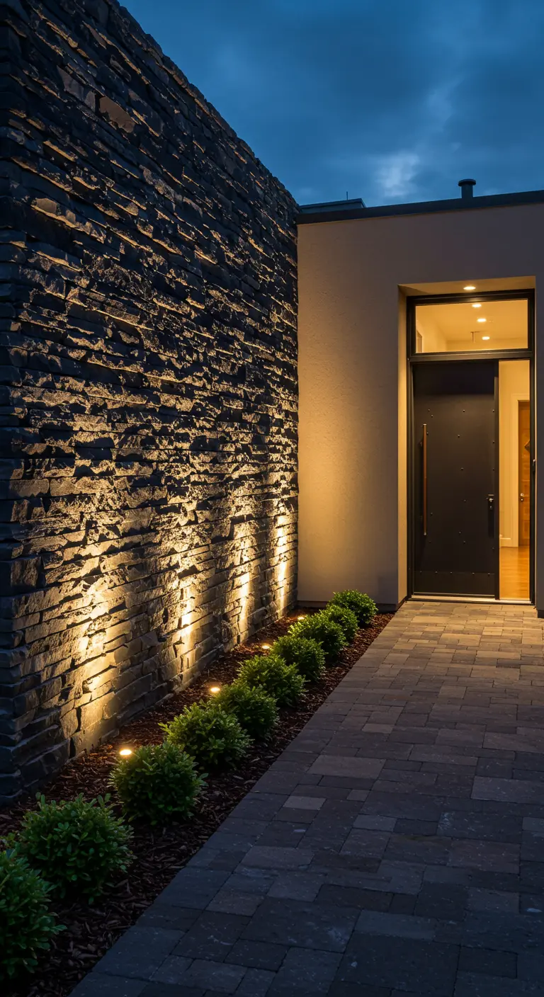 Pared de piedra oscura iluminada desde abajo por focos en el suelo, creando un efecto texturizado.