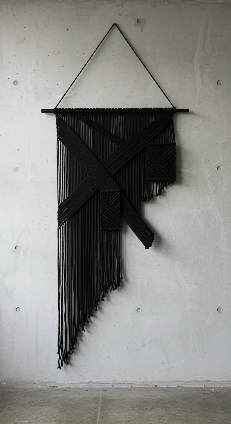 Tapiz de macramé negro muy moderno y abstracto con formas entrecruzadas, sobre una pared de hormigón.