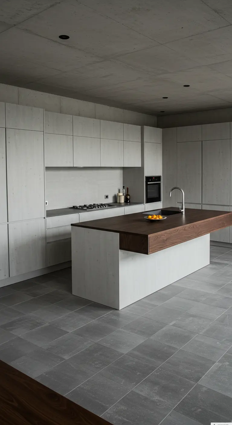 Cocina minimalista de hormigón con una isla que incorpora una encimera de madera oscura.