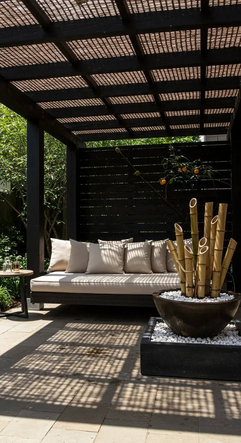 Patio con pérgola oscura y un gran cuenco con piedras blancas y cañas de bambú a modo de escultura.
