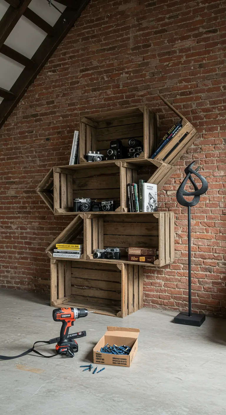 Estantería de cajas de madera montada en una pared de ladrillo con una composición diagonal y artística.