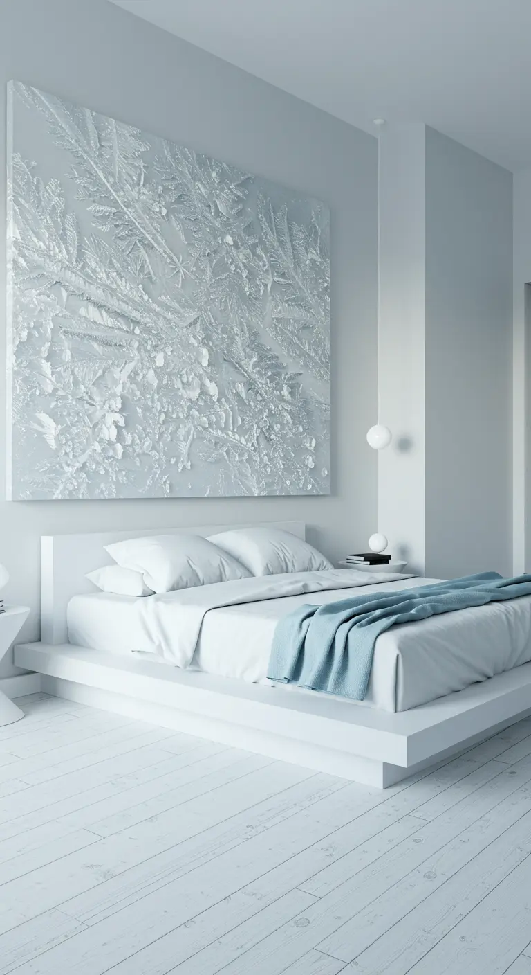 Dormitorio minimalista totalmente blanco con un gran bajorrelieve abstracto que simula hielo.