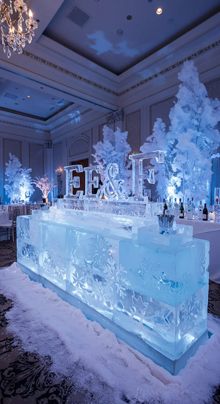 Iniciales 'E & F' talladas en un gran bloque de hielo que sirve como barra en una boda de invierno.