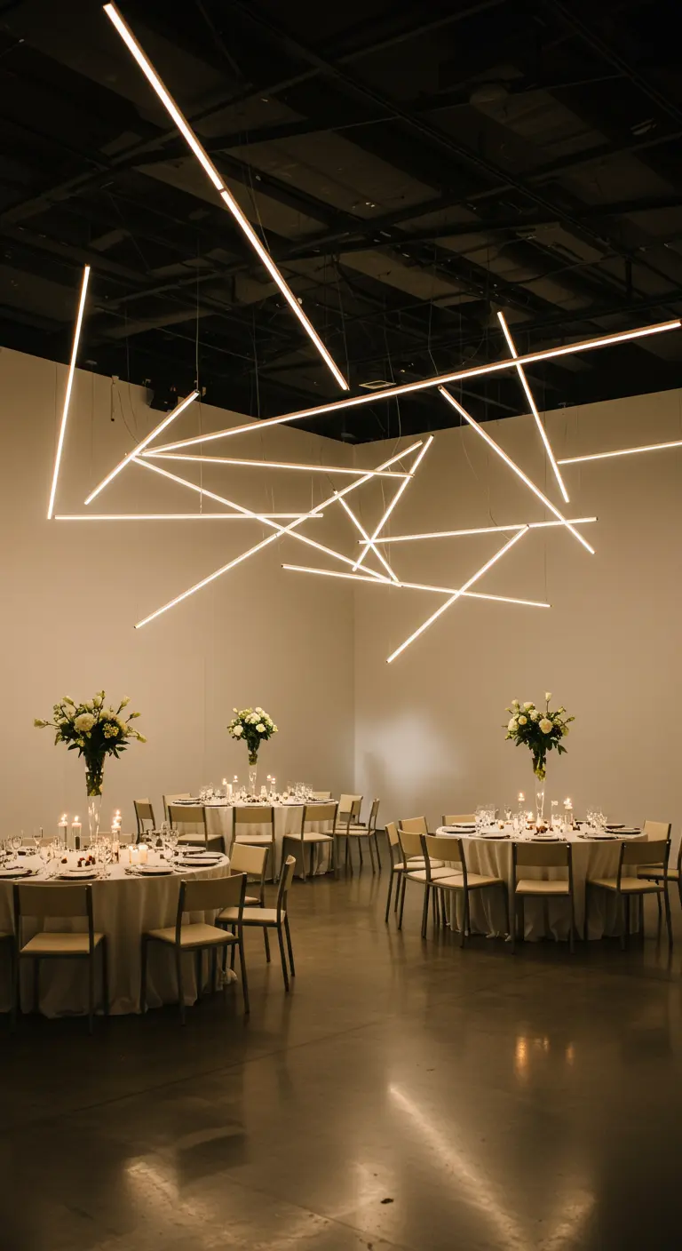 Instalación de luces LED lineales y geométricas en una moderna recepción de boda.