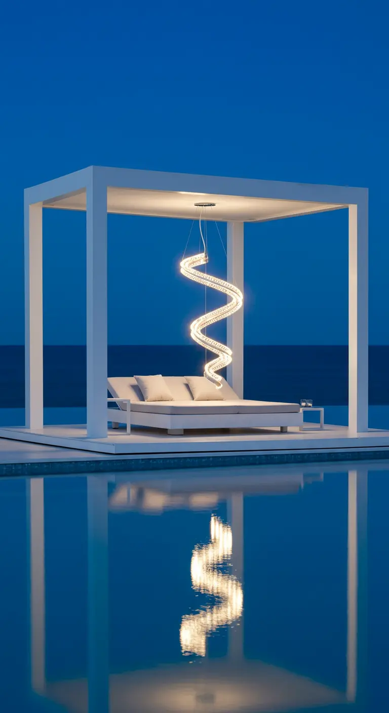 Cama balinesa junto a una piscina bajo una pérgola blanca con una lámpara de cristal en espiral.