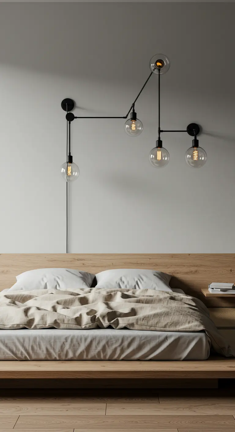 Instalación de lámparas de pared articuladas en negro sobre un cabecero de madera.