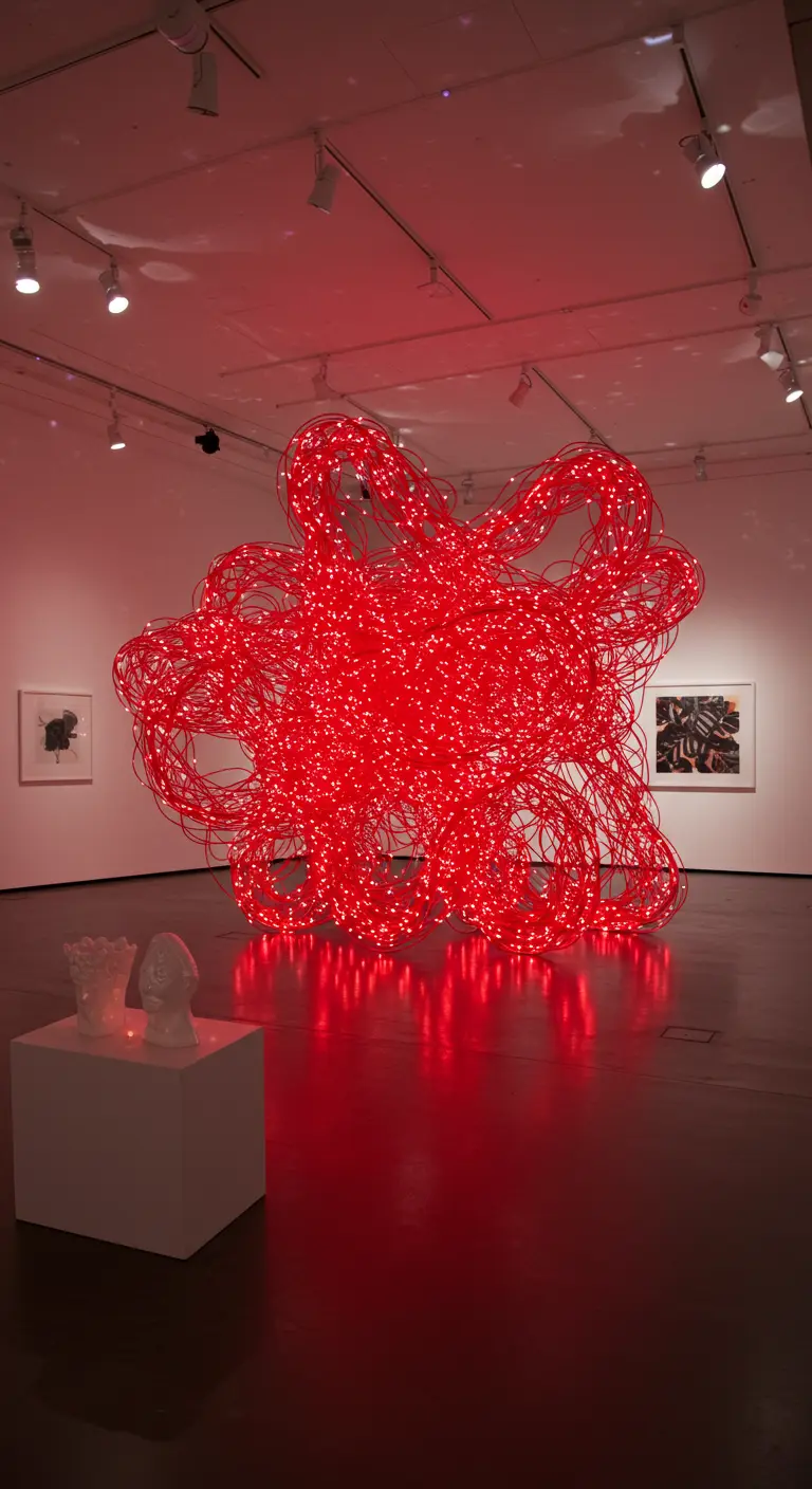 Instalación de arte moderno hecha con una gran maraña de luces LED rojas.