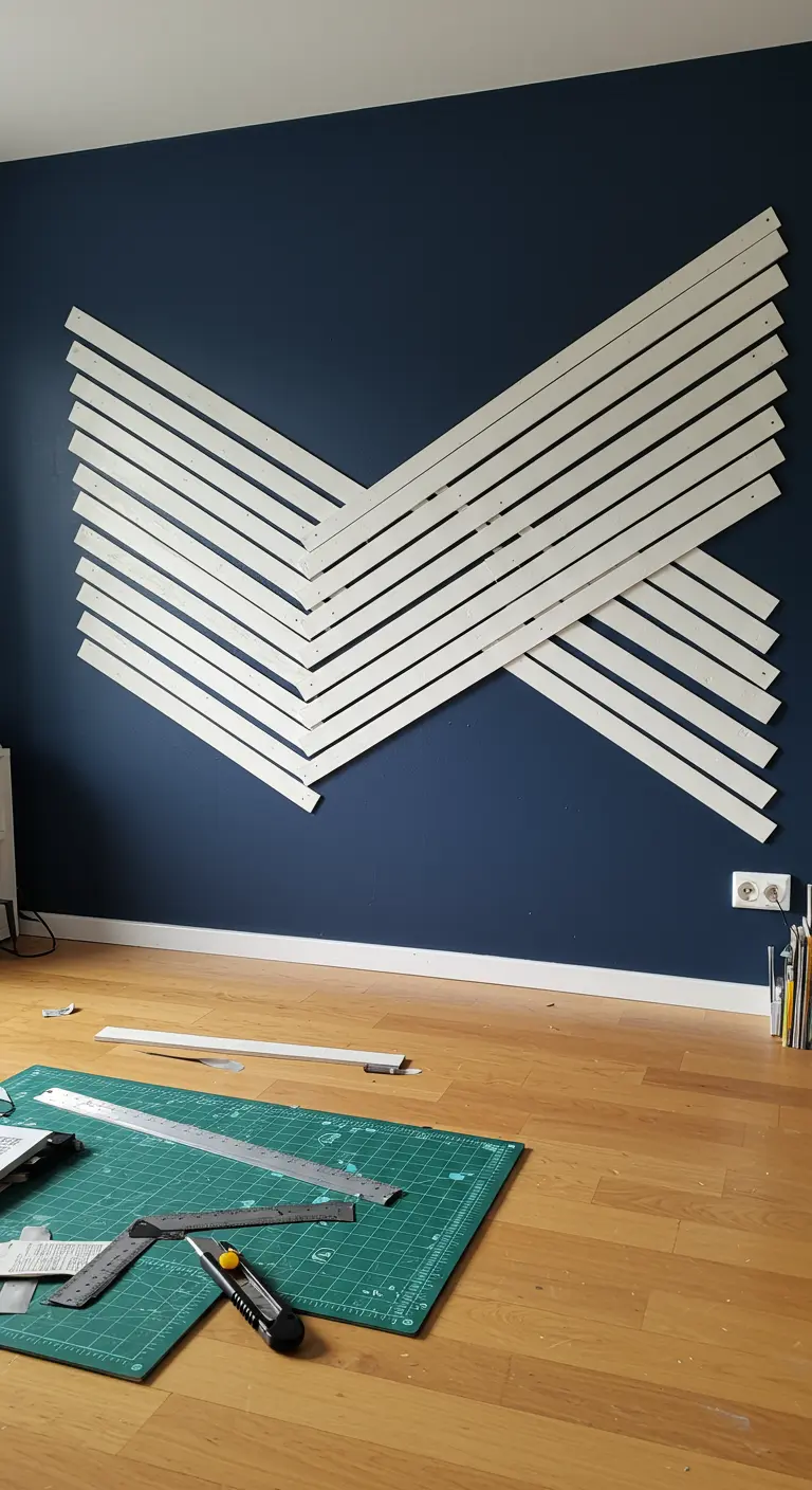 Instalación de arte mural con lamas de persiana blancas formando un patrón en V sobre una pared azul