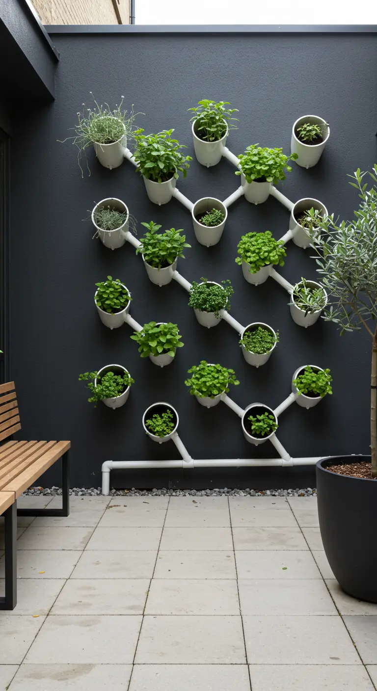 Jardín vertical con macetas blancas conectadas por tubos de PVC en una pared gris.