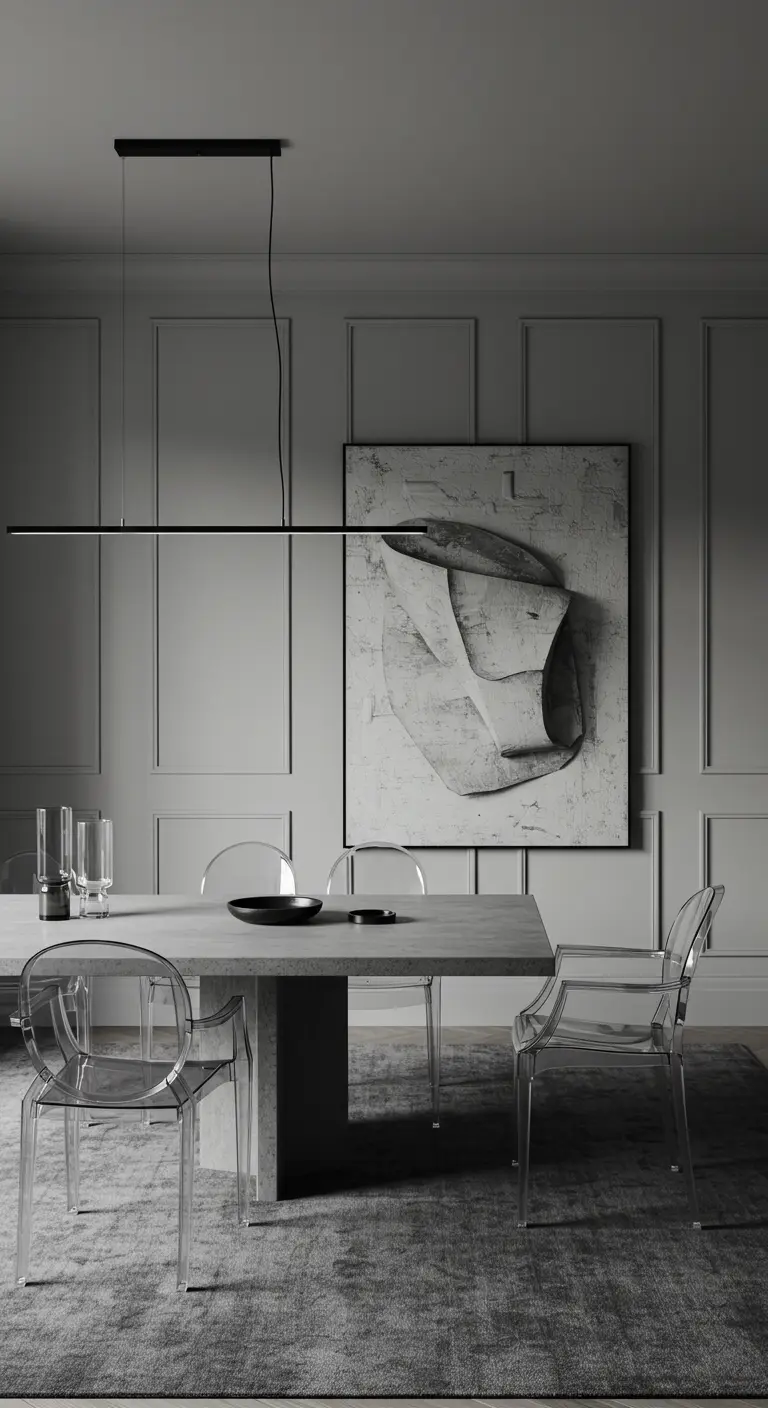 Comedor monocromático gris con arte abstracto tridimensional y sillas transparentes.