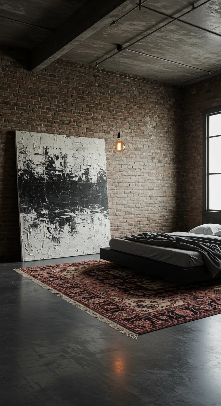 Lienzo abstracto de gran formato con textura blanca y negra, apoyado en una pared de ladrillo.