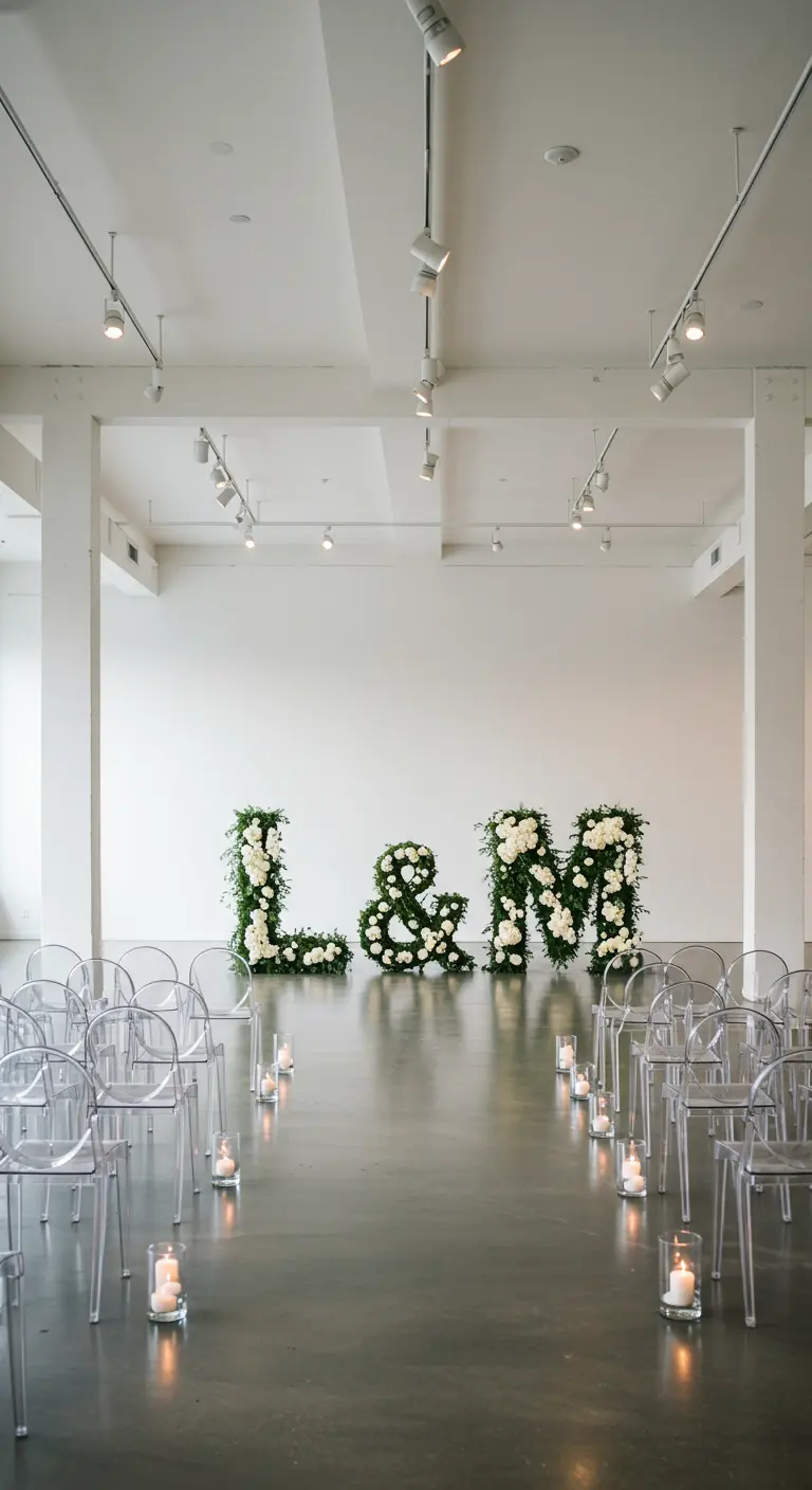 Iniciales 'L & M' completamente cubiertas de flores blancas y vegetación en una sala minimalista.