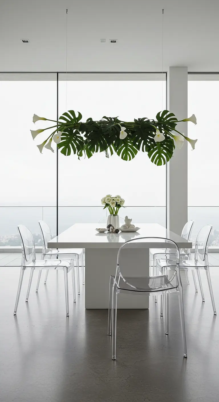 Lámpara floral con hojas de monstera y calas blancas sobre una mesa minimalista.