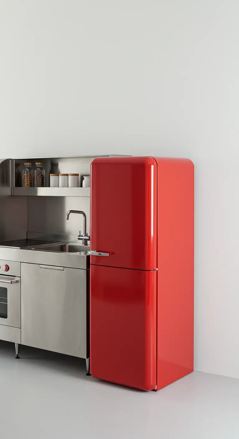 Cocina compacta y minimalista de acero con un frigorífico retro de color rojo.