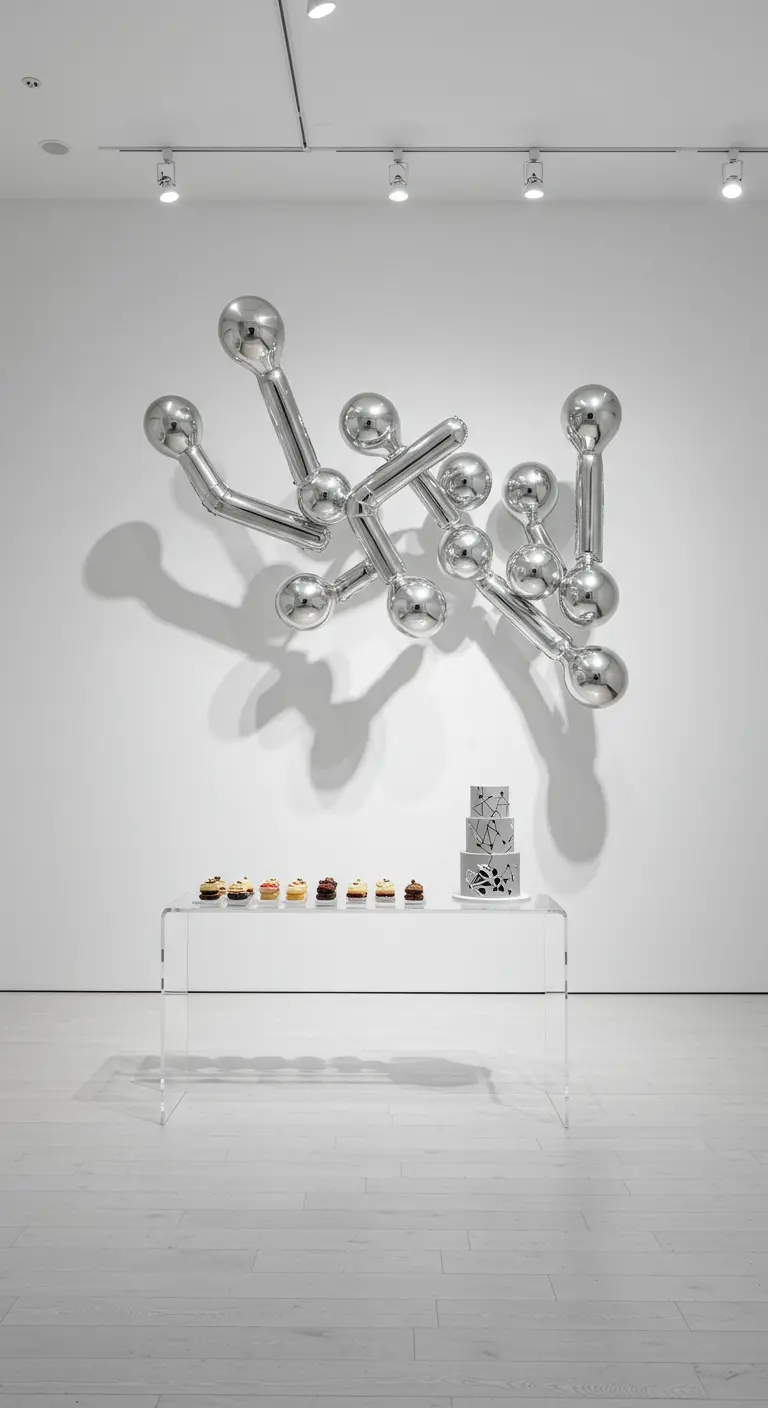 Instalación de globos plateados con formas abstractas sobre una mesa de postres.