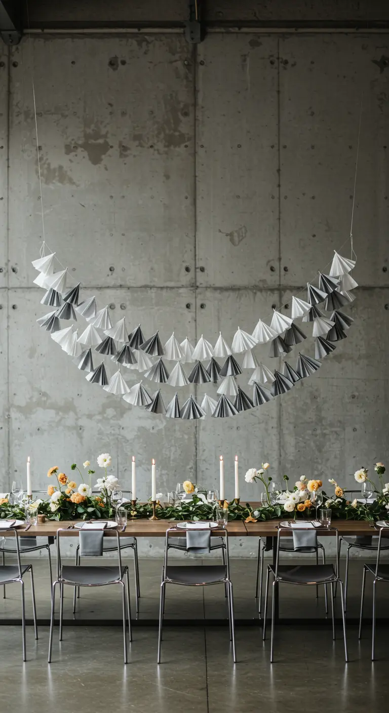 Guirnalda de papel plegado en blanco y gris oscuro suspendida sobre una mesa de boda.