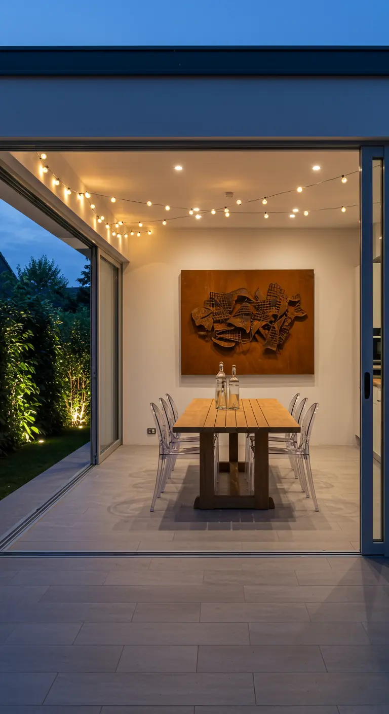 Comedor interior-exterior con escultura de pared en madera y guirnaldas de luces.