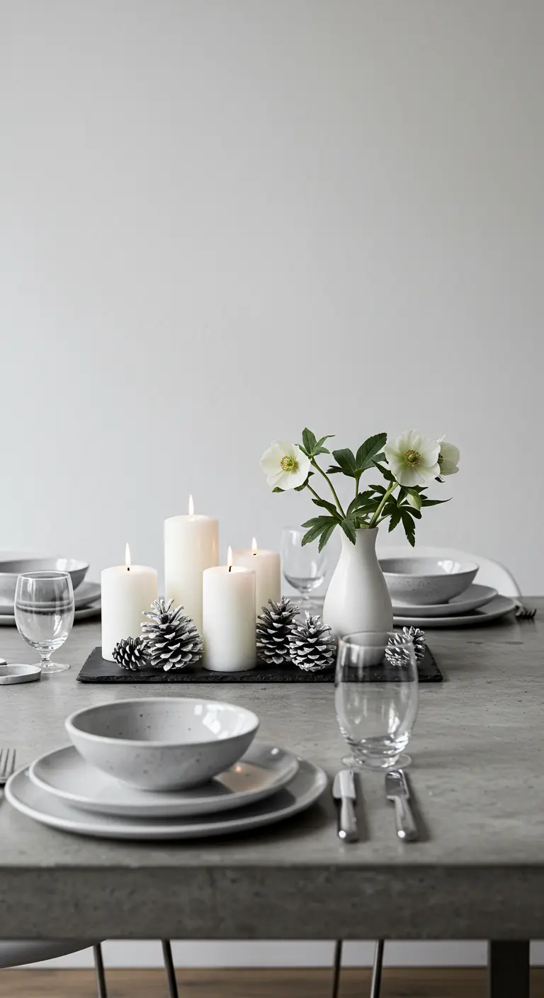 Centro de mesa minimalista sobre una base de pizarra con velas blancas y piñas plateadas.