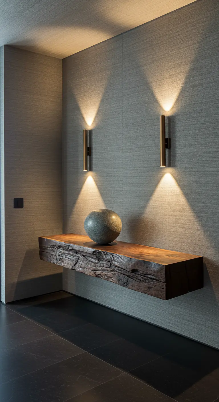 Estante flotante de madera de borde vivo con un objeto de piedra esférico.