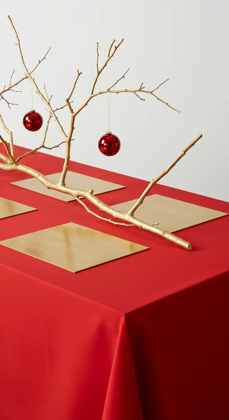 Rama dorada como centro de mesa sobre un mantel rojo, con esferas rojas colgando.