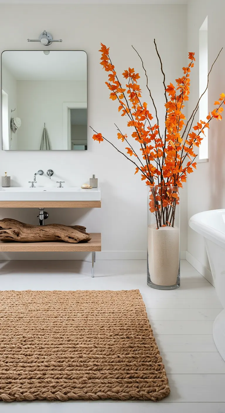 Baño blanco minimalista con un gran jarrón de cristal con ramas de hojas naranjas.