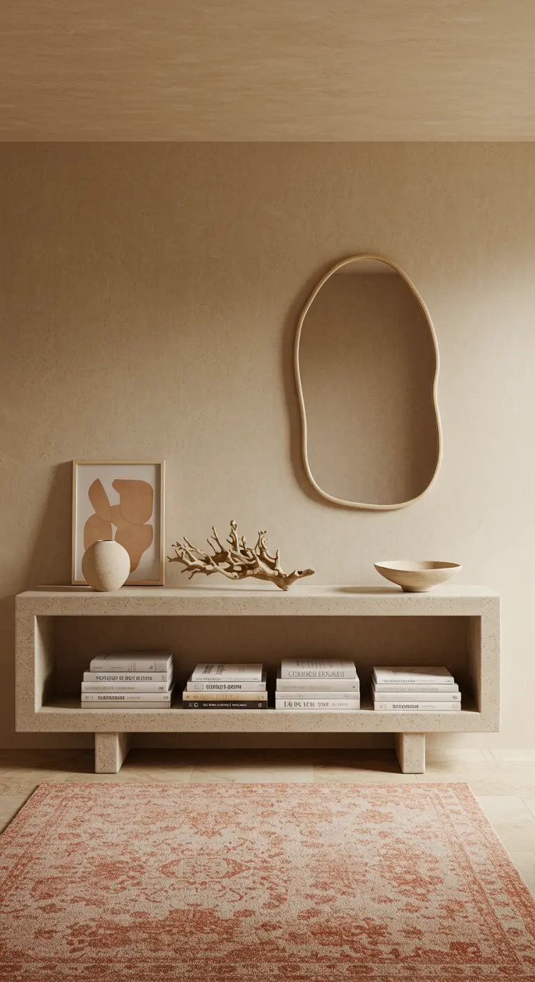 Consola de estilo brutalista con decoración natural, espejo orgánico y libros apilados