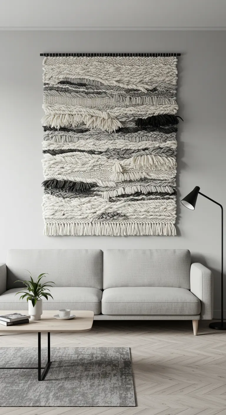 Gran tapiz de lana tejida con mucha textura en tonos blanco, gris y negro sobre un sofá gris.