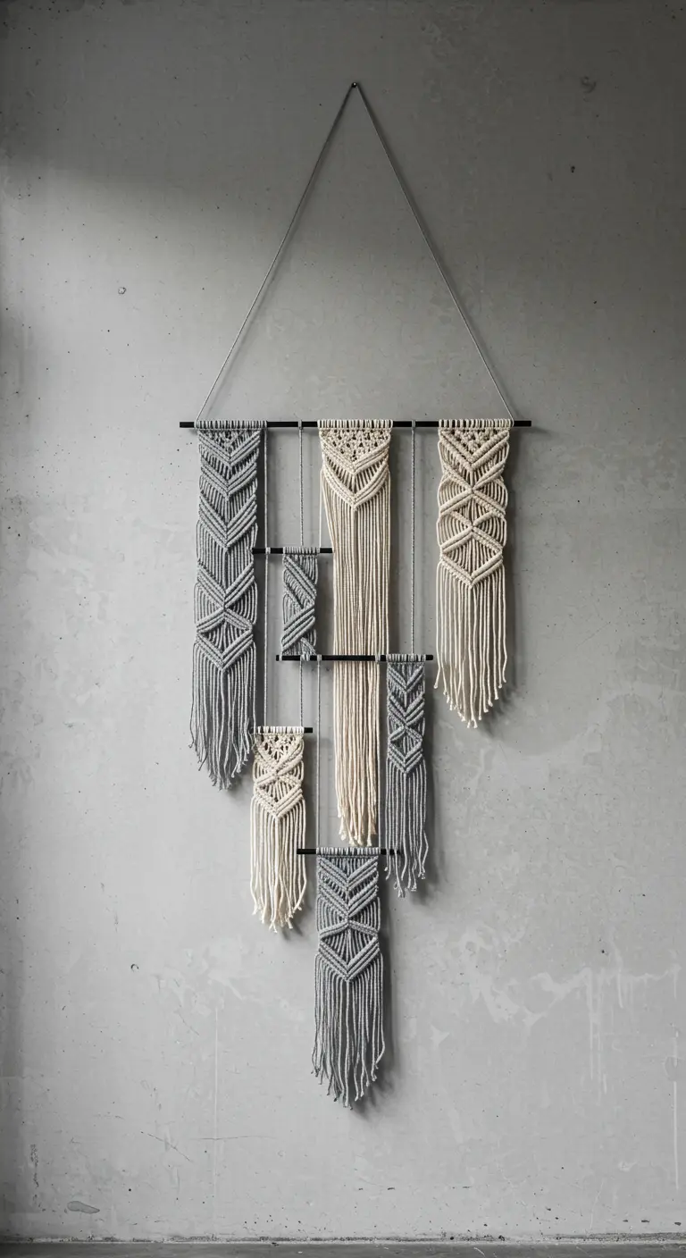 Composición de varios paneles de macramé en gris y crudo, colgados de una barra negra.