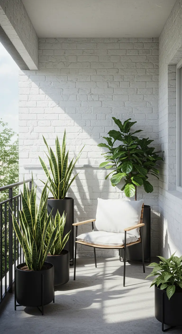 Balcón minimalista con pared de ladrillo blanco, sillón moderno y plantas de serpiente en macetas negras.
