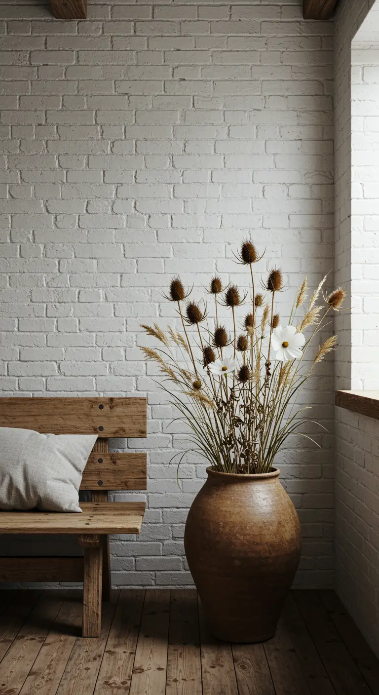 Interior rústico con pared de ladrillo blanco, un banco de madera y un gran jarrón de barro con flores secas.