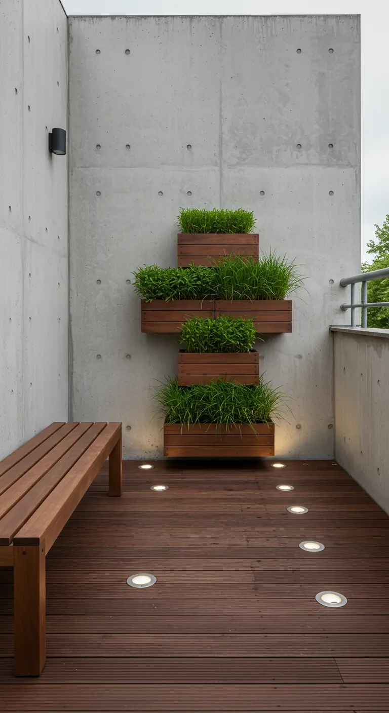 Jardinera vertical de madera con diseño geométrico en una terraza moderna de hormigón y madera.