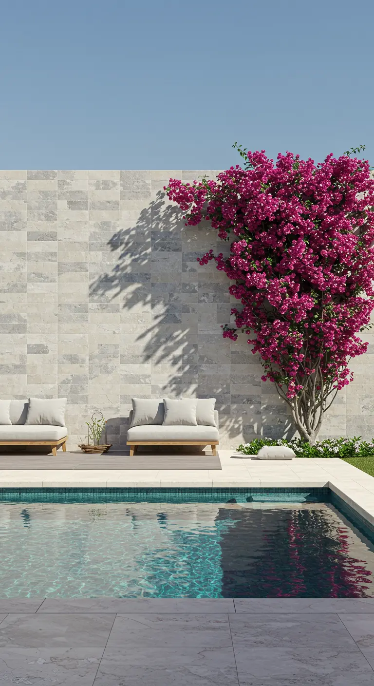 Piscina moderna con una pared de baldosas de piedra clara, sobre la que destaca una buganvilla fucsia.
