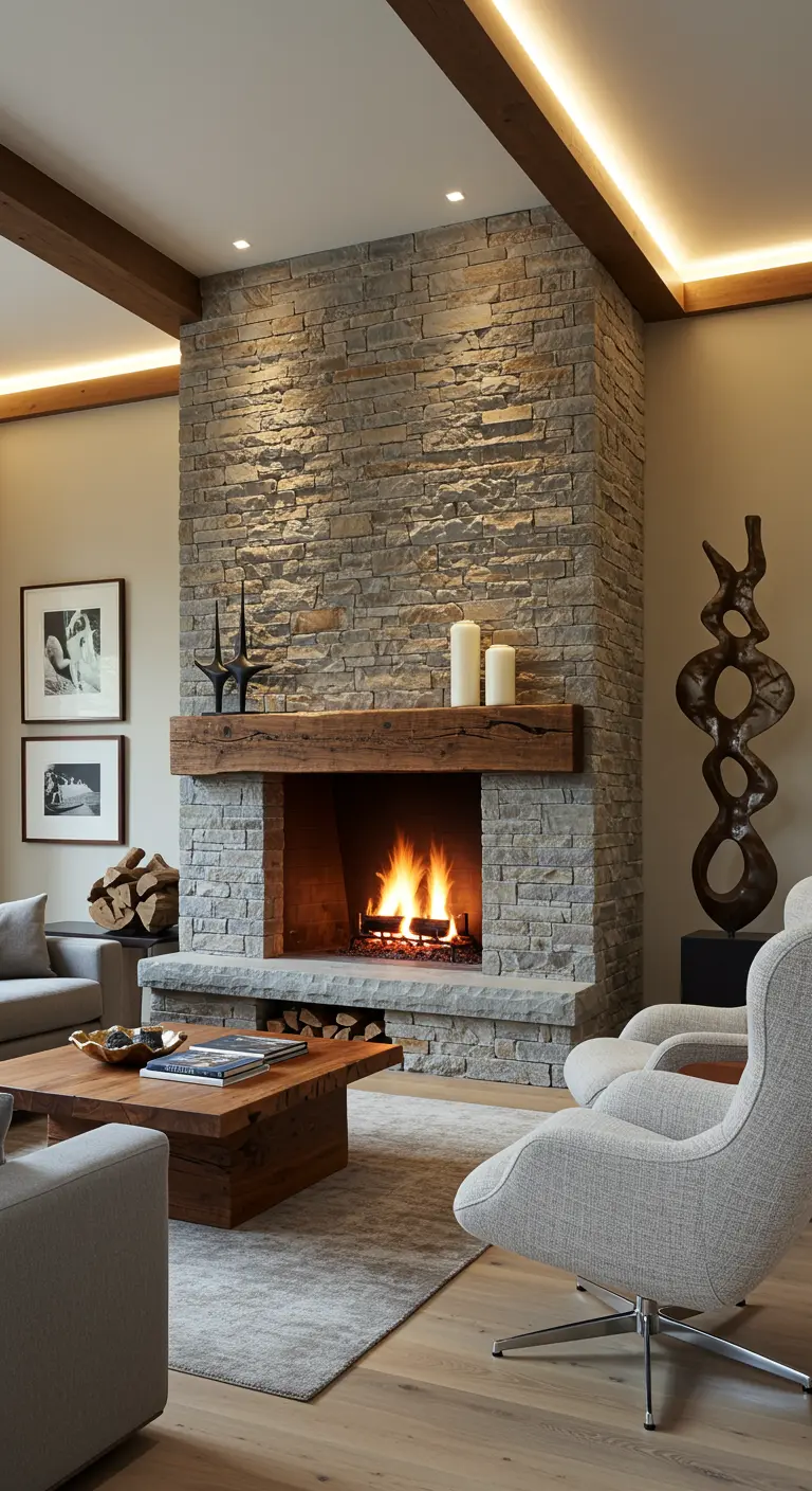 Imponente chimenea de piedra con iluminación indirecta y butacas de diseño moderno.