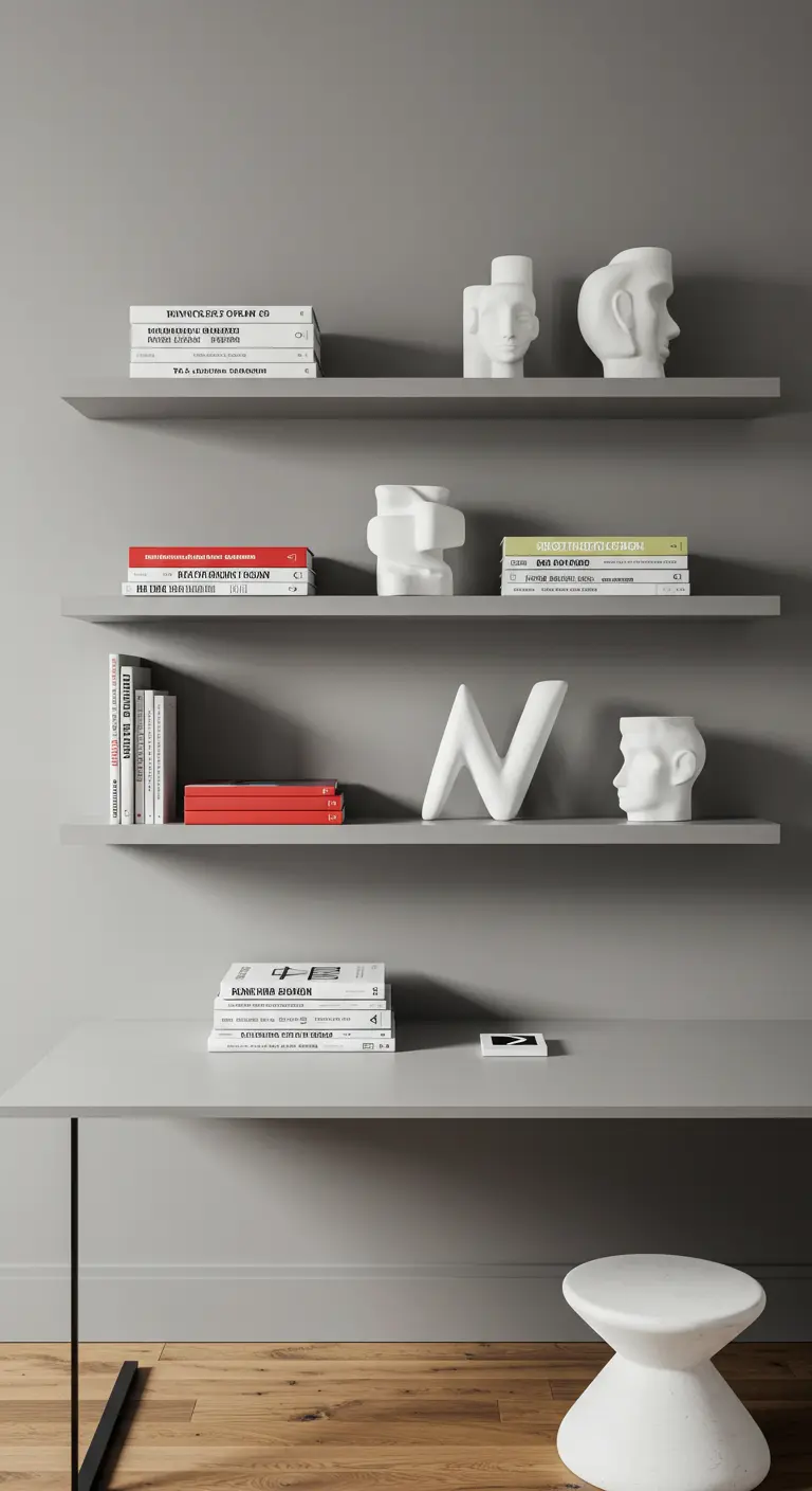 Repisas grises sobre pared gris con libros y objetos decorativos blancos y rojos.