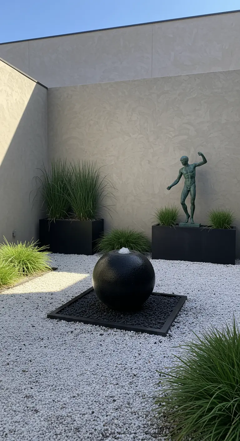 Patio minimalista con grava blanca, una fuente esférica negra y una escultura de bronce.